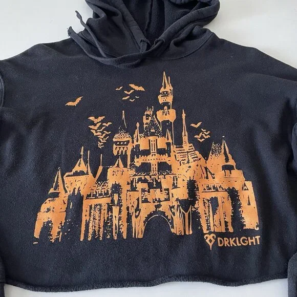 Disney Goth Cropped Boxy Hooded Sweatshirt Black With Orange Castle Halloween S - Picture 2 of 8